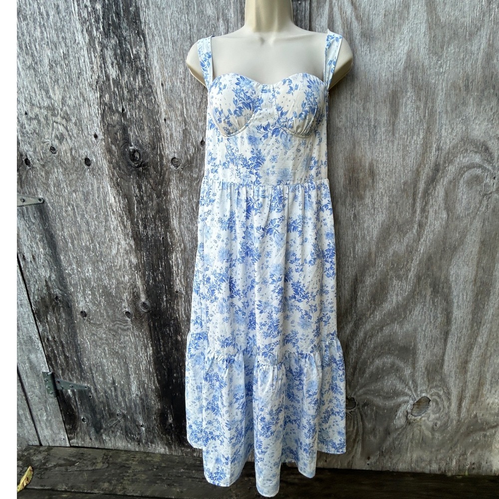Corsette Floral Bustier Tiered Midi Summer Cottagecore Blue White XL